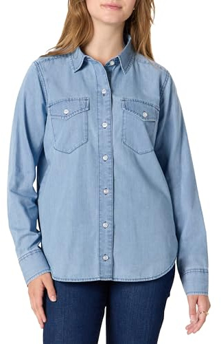 Amazon Essentials Chemise Boutonnée à Manches Longues en Chambray et Jean, Coupe Décontractée Femme, Bleu Givré Clair Délavé, L