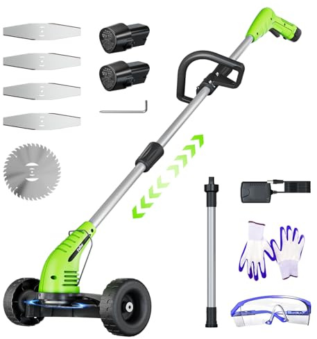 Electric Weed Wacker: Cordless Weed Trimmer with 2 * 2.0Ah Li-Ion Battery Powered & 4 Cutting Blade Types, Wheel Trimmer Lightweight Ajustable Pole &Back-Friendly Compact Power Tool for Lawn Yard Work