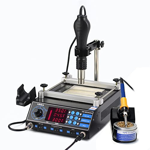 YUNRUX Lötstation Set 853AAA Digital Entlötkolben 200-480℃ Lötstation mit Luftpistole Heißluft Entlötstation 12*12cm Heizfläche Geräuscharm Heißluft Station LED Digital Heißluft Lötstation Lötkolben