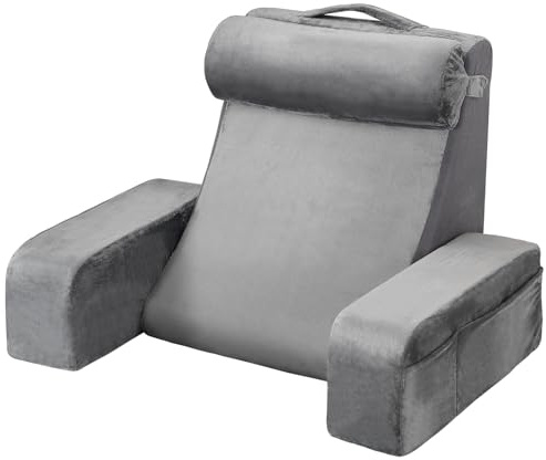 VEVOR Coussin de lecture avec accoudoirs et 3 poches, grand oreiller de lecture de lit avec appui-tête amovible et éponge 25D, poignée pour transport facile, pour jouer, se reposer et travailler, gris
