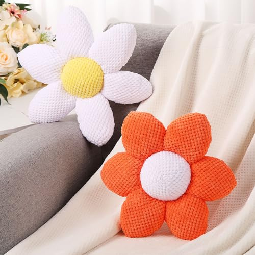 Yalikop 2 Pcs Crochet Flower Pillows, 12 Inch Cute Daisy Throw Pillow Decorative Soft Seating Cushion Aesthetic Flower Plush for Nursery Floor Sofa Chair Couch Bedroom Living Room Decor