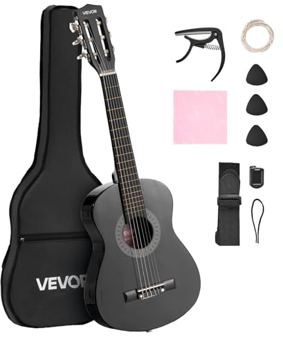 VEVOR Guitare Classique Débutants, 78 cm, avec Cordes en Nylon, Housse de Transport, Sangle, Accordeur, Cordes Supplémentaires, Médiators, Capodastre, en Tilleul, pour Jeunes Enfants Musiciens, Noir