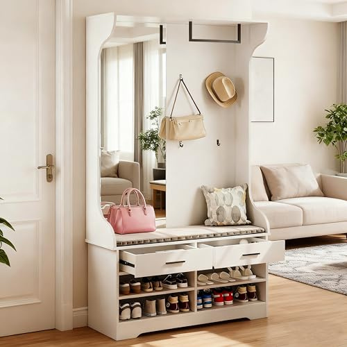 QMTXBYJ Garderobe Set mit Spiegel, Flurgarderoben Set mit 4 Haken, 2 Schublade, Schuhschrank, Flurschrank mit Wäscheständer, Wandgarderobe,Kompaktgarderobe Schmaler Flur, 104x35x180cm (Weiß)