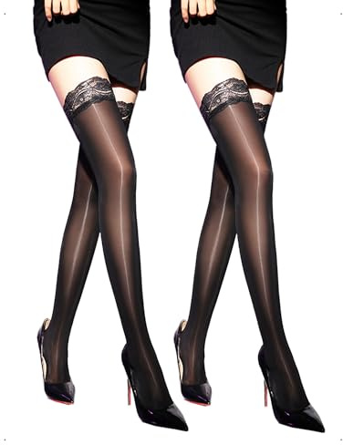 EMOTTOS 2 Paia Calze Autoreggenti Donna Coscia Alta Pizzo, Lucido Oleose 8D Velata Sexy Alta Elastizità, Fascia Antiscivolo Silicone Overknees Calze Lunghe Traspirante Cosplay Clubwear 58/78/62 CM