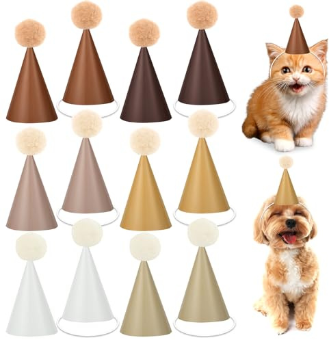Lonfliness 48Pcs Mini Brown Birthday Party Hats for Stuffed Animals 3Inch Adjustable Cone Caps with DIY Pom Poms Brown Mini Party Hats Pets Dolls Kids Small Boho Birthday Decorations Kit for Holidays