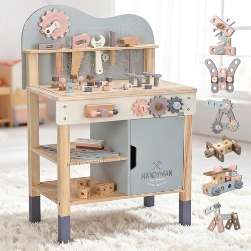 M MEEPO Kids Tool Bench, Large Storage Wooden Tool Workbench for Kids Toddler, Large Size Tool Bench for 2-3 Kids, with Wooden Play Tool Set, Age 3+