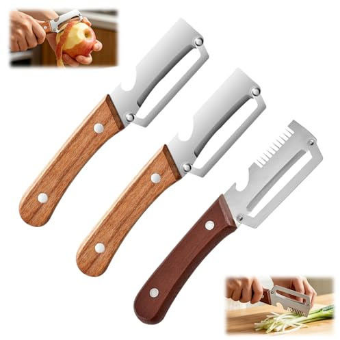 3 Pcs 3 en 1 Éplucheur Multifonction en Acier Inoxydable Éplucheur Légumes | avec Manche en Bois, Slicing and Integrated Bottle Opener,Canning Tool Kitchen Peeler pour Légumes Fruits Citrouille