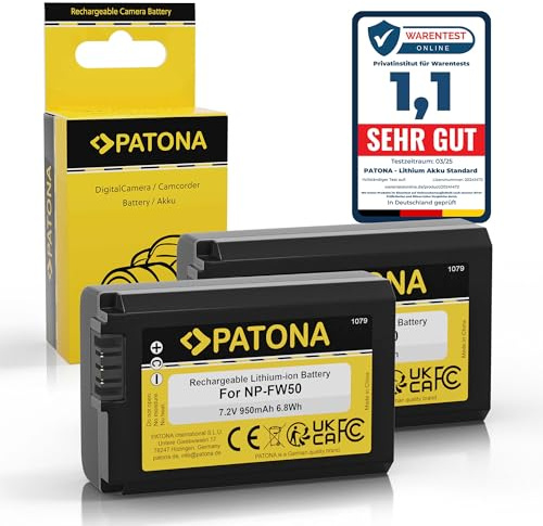 PATONA 2X NP-FW50 Akku 950mAh kompatibel mit Sony Alpha 7 7R 7II 7S A5000 A6000 A6300 A6400 A6500 A7 A7S A7R A7II ZV-E10 DSC RX10 Mark II III IV RX1R III DSC-RX1RM3 NEX 3 5 6 C3 F3 NPFW50