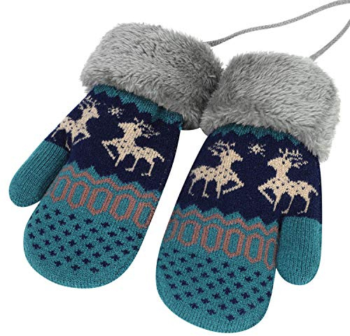 Gants Tricotés Epais Moufles Hiver Chauffant Mitaines Plein-doigts Doublure Peluche Thermique Gants Extérieur Sport Gloves Ski Snowboard Camping pour Enfant Garçon Fille, Bleu Foncé, Taille Unique