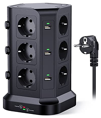 KOOSLA 12 Fach Steckdosenleiste (4000W/16A), 6 USB Mehrfachsteckdose mit Überspannungsschutz, einzeln schaltbarer Steckdosenturm für Büro Küche Tisch,2M Kabel, Schwarz