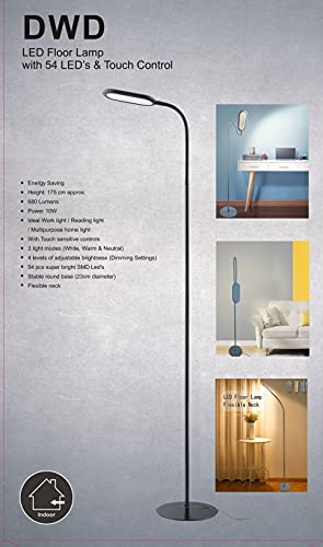 AuraHome DWD® 54 Energy Saving LED Super Bright SMD Floor Standing Lamp with Touch Function 3 Light Modes Reading Work Lamp Flexible Neck Touch Sensitive Controls Power 10w Grey