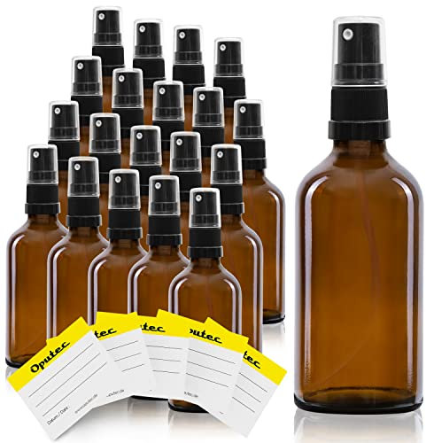 Oputec Lot de 20 flacons vaporisateurs en verre de 50 ml avec vaporisateur + 20 étiquettes inscriptibles - Bouteilles en verre marron avec tête de pulvérisation fine - Bouteille de pulvérisation