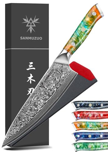 SANMUZUO Coltello da chef Professionale - Coltello da Cucina 20 cm, Coltello da Cuoco Acciaio Damasco da 67 Strati- Impugnatura Ergonomica Resina - Xuan Series(Fantasy Orange)