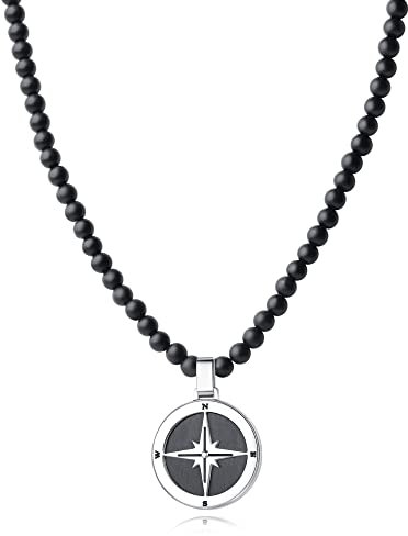 GAVU Herren Geschenk Kristall Perlen Halskette aus Mattem Onyx mit Kompass Anhänger 60cm