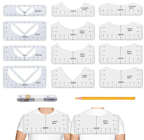 Lerodite 14 Stücke T-Shirt Ausrichtungslineal, V-Ausschnitt und Rundhals T-Shirts Ausrichtlineale, T-Shirts Transparente Schablonen-Lineal zum Nähen, Gestalten von T-Shirts