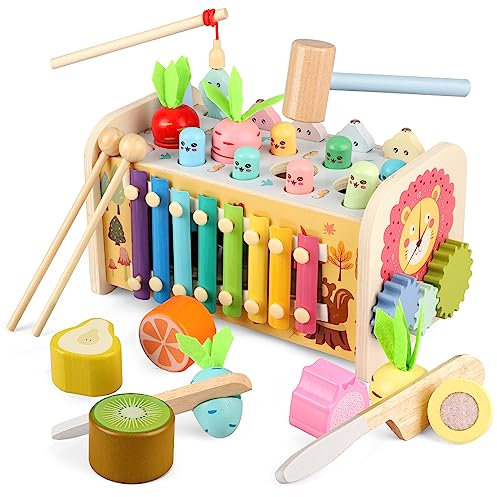 9-in-1 Montessori Spielzeug ab 1 Jahr, Holzspielzeug Motorikwürfel Motorikspielzeug Hammerspiel Steckspiel Kinderspielzeug 2 3 4 5 6 Jahr Geschenk Kinder Junge Mädchen Kleinkind Baby Lernspielzeug