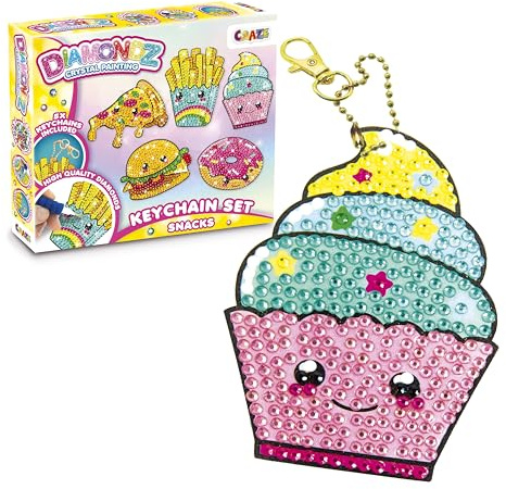DIAMONDZ CRYSTAL PAINTING Keychains Set Snacks - DIY Diamond Painting Schlüsselanhänger Bastelset, Diamant Malerei Kinder 5x Schablonen & Zubehör, XL