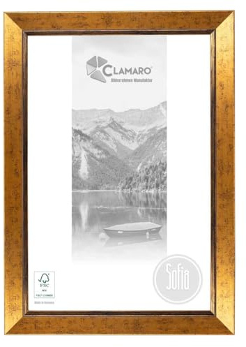 CLAMARO SOFIA bildram antik 60 x 120 massivt trä | guld | 50 mm bred shabby chic vintage barocklist | träram inkl. akrylglas, bakvägg, metallhängare