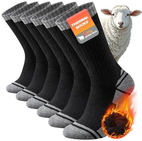 Stoeury Merino Wool Hiking Socks Men Women, Thermal Thick Walking Socks Winter Warm, Anti Blister Cushioned Crew Sports Work Running Sock 3 Pairs, Black 9-12