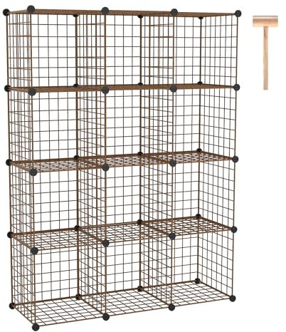 C&AHOME Wire Cube Storage, 12 - Cube Organizer Metal C Grids, Modular Shelves Units, Closet Organizer, Ideal for Home, Office, Living Room, 36.6”L x 12.4”W 48.4”H, Brown UWCS3012R