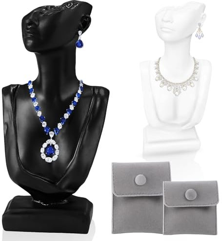 WATUNID Mannequin Lot de 2 présentoirs à bijoux en forme de buste de 20,6 x 10,9 cm, avec 2 poches de rangement grises, pour bijoux, colliers, boucles d'oreilles, bagues (noir et blanc)