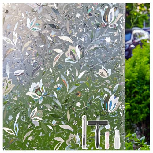 LEMON CLOUD Pellicola Privacy per Finestre e Vetri 3D Fiori Decorative Autoadesive Controllo di Calore con Effetto Arcobaleno Anti-UV per Casa Bagno Cucina Ufficio 44,5 x 200 cm con Utensile