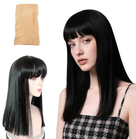 Asheyya Black Wig with Fringe, 37 cm Medium Long Straight Synthetic Black Wigs for Women