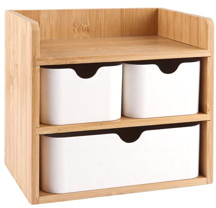 FWEEK Aufbewahrungsbox mit Schubladen Klein, Holz und Bambus, Schreibtisch Organizer, Make-Up Organizer Holz mit 3 Schubladen für Büro Zuhause Schule, Weiß