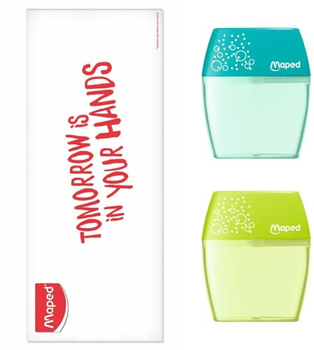 Maped - Lot de 2 Taille-crayons Shaker - 2 Trous et Réservoir Translucide - Bleu et Vert