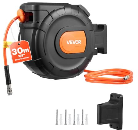 VEVOR Avvolgitubo per Aria Compressa Retrattile, Tubo Flessibile in PVC da 30 m x 9,5 mm, Massimo 300 PSI, con Riavvolgimento Automatico e Cavo da 2 m, Montaggio a Parete Girevole per Garage
