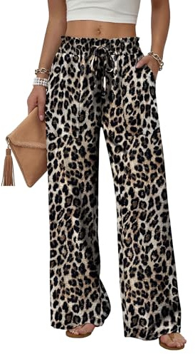 WIHOLL Wide Leg Palazzo Trousers Casual Summer Women's Clothing Elastic Drawstring Waist Soft Light Pants with Pockets for Beach Travel Daily Wearing Size 10-12 Leopard M
