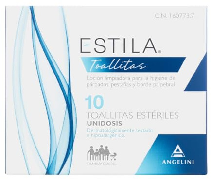 Estila Toallitas oftálmicas - Loción limpiadora para la higiene de párpados, pestañas y borde palpebral - Toallitas desmaquillantes con Aloe vera y Hamamelis - 10 toallitas estériles unidosis