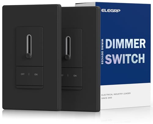 ELEGRP Slide Dimmer Switch for Dimmable LED, CFL and Incandescent Light Lamp Bulbs, Single Pole or 3-Way, Full Control with Preset, Rocker Paddle, Wall Plate Included, UL Listed (2 Pack, Matte Black)