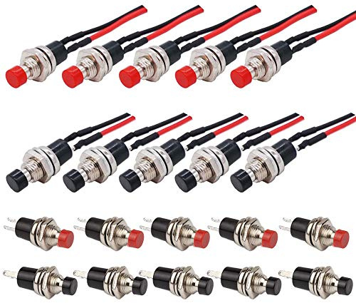 GTIWUNG 20Pezzi Mini Pulsanti Temporanei 7mm, Precablato Interruttore Momentaneo, Interrurrori Pulsanti Temporanei da 1A, 250 V, 2Pin, Rosso & Nero, SPST Apertura Normale per DIY Hobby