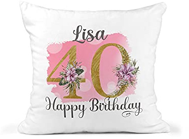 Personalised 40th Birthday Cushion With Name - Floral Gold - Style 40 On Pink