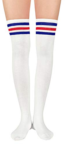 Durio Women's Winter Overknees Socks - Warm Long Stockings with Blue and Red Stripes, One Size