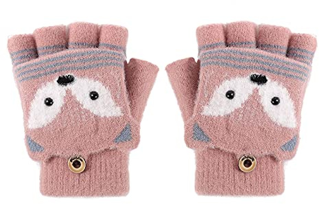 Kids Cartoon Fox Winter Gloves with Finger Cover - Convertible Flip Top Knitted Magic Gloves Stretchy Half Finger Wrist Mittens Thermal Fingerless Gloves with Flap for 3-6 Year Boys Girls Christmas