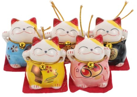 Happyyami 5pcs Mini Maneki Neko Set Cute Lucky Cat Figurines Chinese Japanese Lucky Cat Fengshui Statue for Car Interior Table Decor