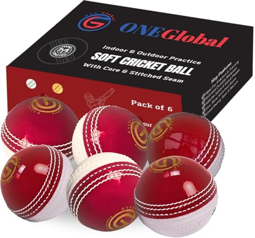ONEGlobal Incrediball mjuk träning cricketboll | utomhus och inomhus gummi cricketboll med kärna och sydd söm | För övning, finslipningsfärdigheter och familjekul (6-röd och vit)