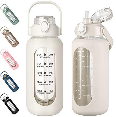 Borraccia in vetro con cannuccia, motivazionale, custodia in silicone, tacche orarie, 2 l, a prova di perdite, grande brocca d'acqua per palestra, casa, ufficio, bianco