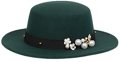 NiceYnn Klassisk vintage ull brett brätte platt topp fläskpaj båthatt, justerbart pärlband Fedora kyrka Derby filtmössa för bröllopsfest talangshow, Svartgrön och pärla, en storlek