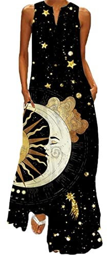 WINKEEY Vestito Lungo da Donna Stampa Floreale Farfalla Bohémien Etnico Vestito Taglia Maniche con Tasca Grossa Senza, Stella e Luna M