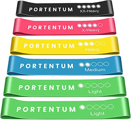 PORTENTUM Theraband [6er Set] Fitnessband Resistance Terra Bands 100% Latex Widerstandsbänder mit Deutscher Übungsanleitung & Tragebeutel, Gymnastikband für Muskelaufbau, Yoga, Pilates, Physiotherapie