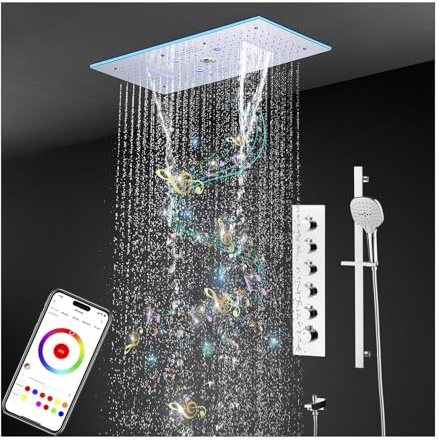 Colonna Doccia Termostatico Musicale, LED 64 Colori Bluetooth Kit Doccia Colonna Doccia da incasso con 600 * 300mm 9 Funzioni Soffione Doccia a Pioggia, Doccetta, Rubinetto Vasca (Cromo)