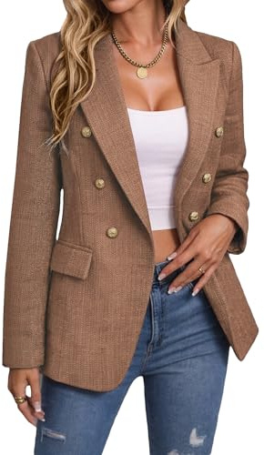 Mina Self 2026 Winter Women's Tweed Wool Blazer Jacket - Plaid Warm Fully Lined Fashion Business Casual Elegant Coat Pockets Brown S