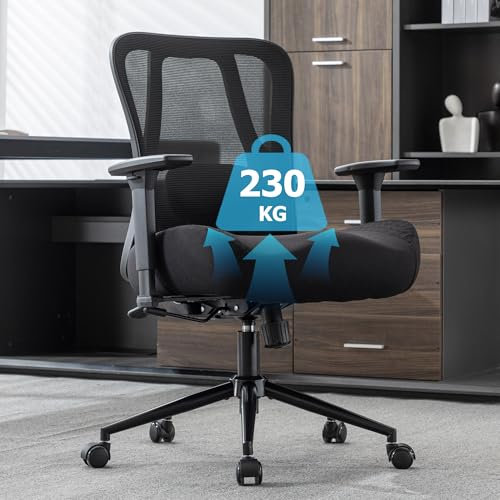 UEV Bürostuhl Ergonomisch bis 230KG, Wippfunktion,Schreibtischstuhl mit Armlehnen, höhenverstellbarer Arbeitsstuhl, Drehstuhl mit Netzbespannung, atmungsaktiv Stoff, 73 x 69 x 93 cm schwarz