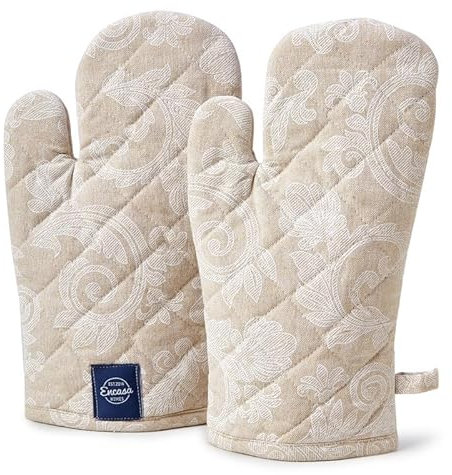 Encasa XO Guanto Da Forno | Gants Per Microonde, Cucina E Uso In Cucina | 18x30 cm | Porta Utensili In Cotone - Tessuto Chambray (Confezione Da 2, Beige)
