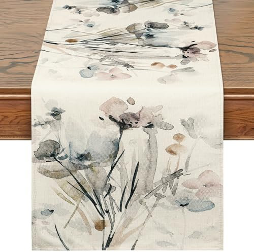DEMIUKO Herbst Tischläufer Beige Tisch Dekoration Blumen Tisch Läufer Saisonnal Leinen Tischläufer Esstisch Erntedankfest Dekor für Drinnen Küche Wohnzimmer Dekor Bankett Tischdeko 32x180cm