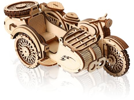 comfoyar 3D Puzzle Motorbike with Sidecar, Wooden Tricycle Motorcycle Model Kits for Adults to Build, DIY Vehicle Construction Craft Kits, Home Decor and Christmas Birthday for Men