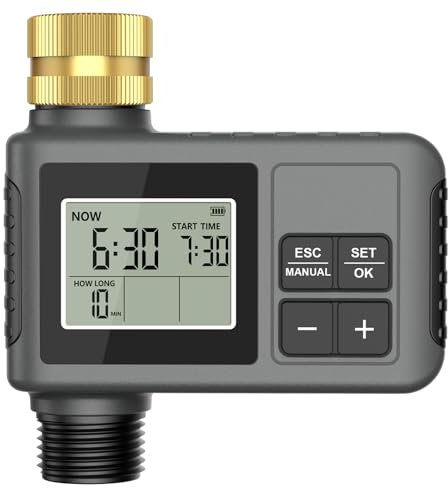 RIOGOO Timer per rubinetto da giardino esterno, timer per irrigatore programmabile con ritardo pioggia, irrigazione a goccia automatica e sistema di irrigazione del prato per cortile (1 Outlet)
